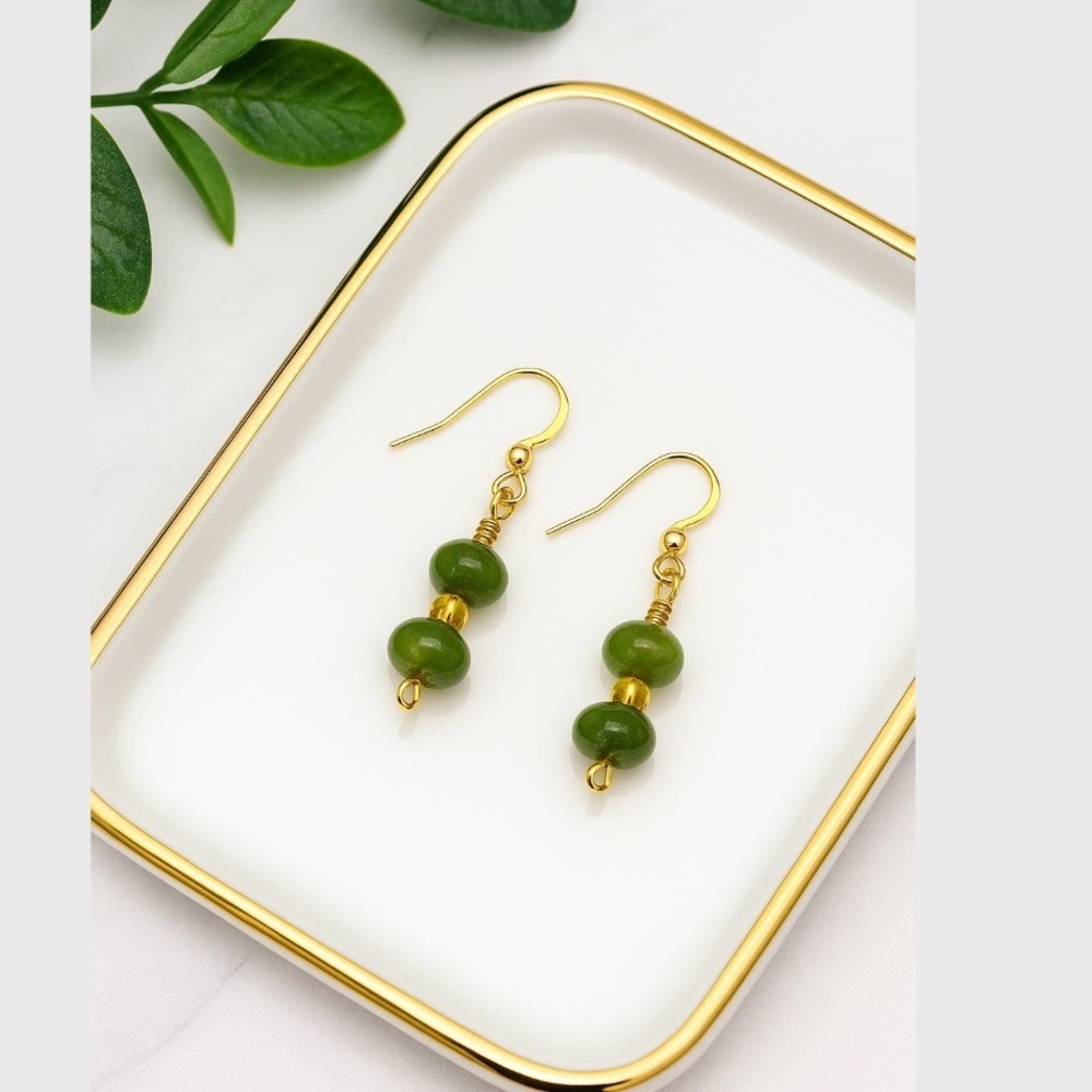 Handmadeโ Green Jade Earrings Lightweight Natural Stone 18k Gold-Plated Hooks
